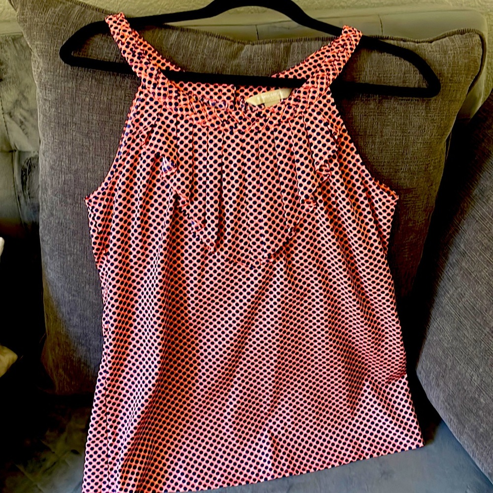Banana Republic Blouse salmon color with navy blue polka dots